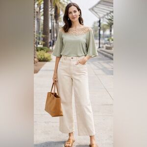 Anthropologie Liberty Garden Sage Vegan Leather Cutout Lace Boho Top M